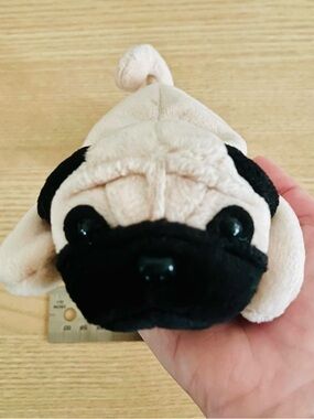 Vintage Ty Beanies Plush Pug Dog - Cream & Black (Tag Error)